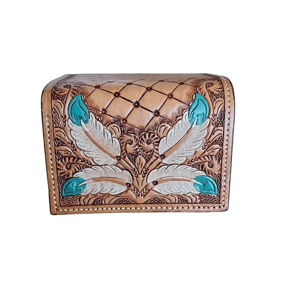 Natural Leather Tri-fold Wallet Floral Feathers Tooled by Ranger Belt Company - Picture 7 of 9